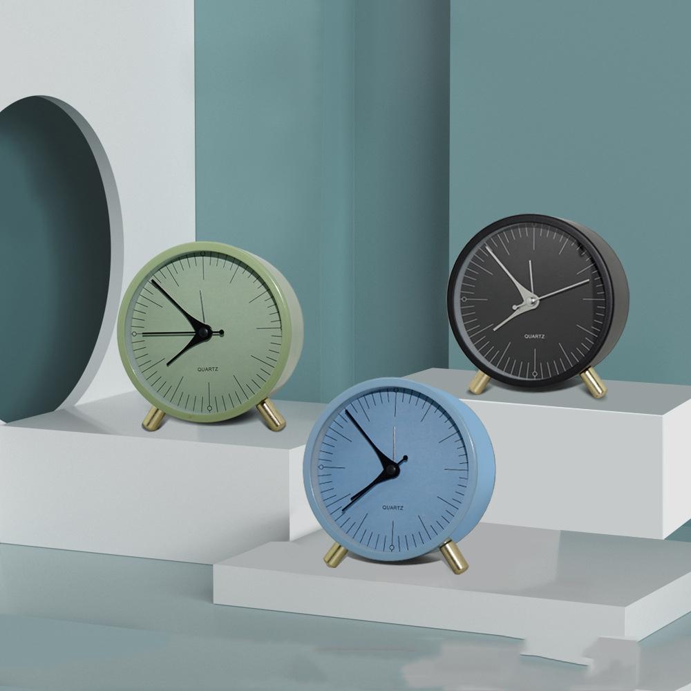 Silent Metal Quartz Alarm Clock with Night Light Vintage Round Bedside Desk Clock