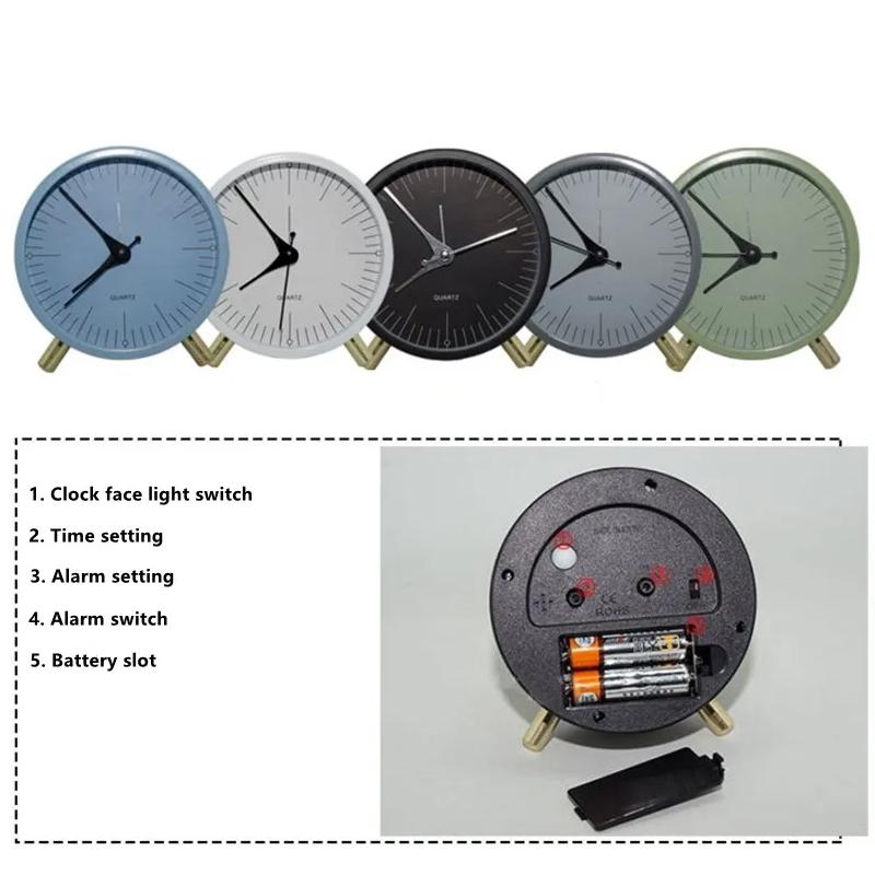 Silent Metal Quartz Alarm Clock with Night Light Vintage Round Bedside Desk Clock