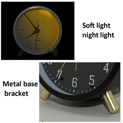 Silent Metal Quartz Alarm Clock with Night Light Vintage Round Bedside Desk Clock