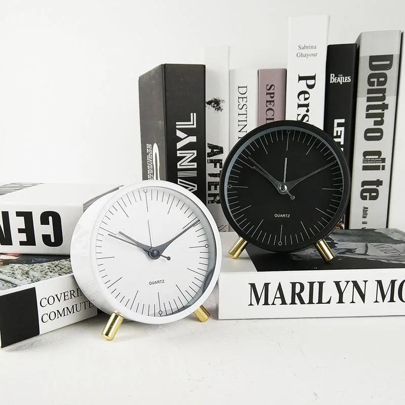 Silent Metal Quartz Alarm Clock with Night Light Vintage Round Bedside Desk Clock