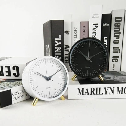 Silent Metal Quartz Alarm Clock with Night Light Vintage Round Bedside Desk Clock