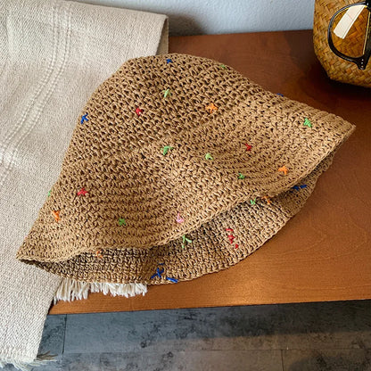 Handmade Crochet Panama Sun Hat Foldable Straw Bucket Hat for Women