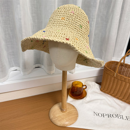 Handmade Crochet Panama Sun Hat Foldable Straw Bucket Hat for Women