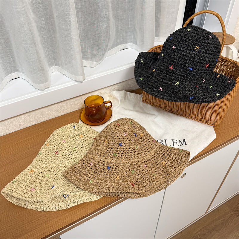 Handmade Crochet Panama Sun Hat Foldable Straw Bucket Hat for Women