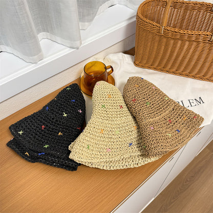 Handmade Crochet Panama Sun Hat Foldable Straw Bucket Hat for Women