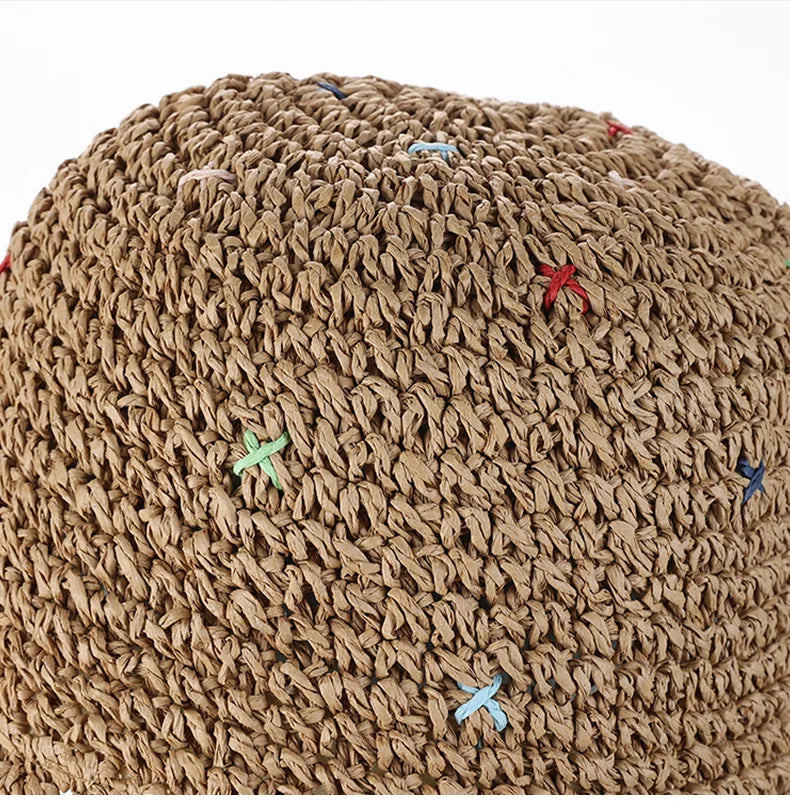 Handmade Crochet Panama Sun Hat Foldable Straw Bucket Hat for Women