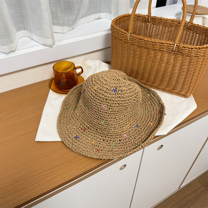 Handmade Crochet Panama Sun Hat Foldable Straw Bucket Hat for Women
