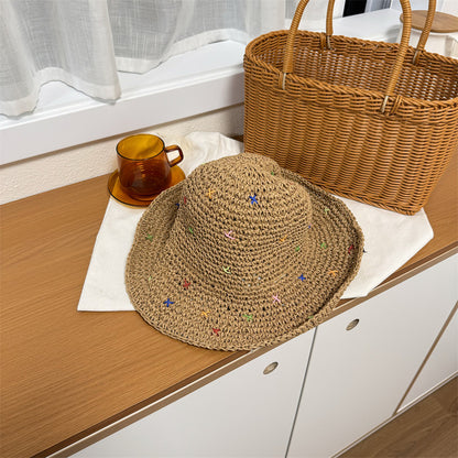 Handmade Crochet Panama Sun Hat Foldable Straw Bucket Hat for Women