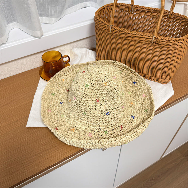 Handmade Crochet Panama Sun Hat Foldable Straw Bucket Hat for Women