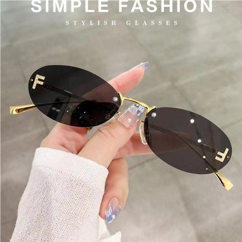 Diamond F Rimless Oval Sunglasses Luxury Metal Frame Shades