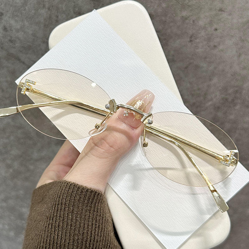 Diamond F Rimless Oval Sunglasses Luxury Metal Frame Shades