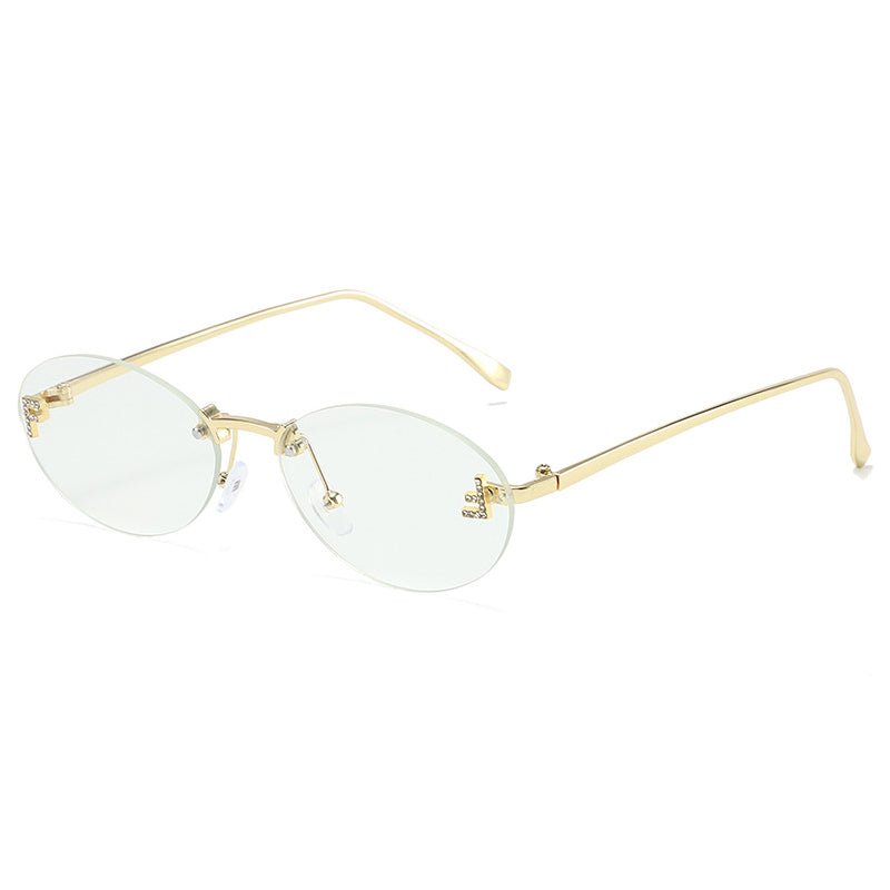 Diamond F Rimless Oval Sunglasses Luxury Metal Frame Shades
