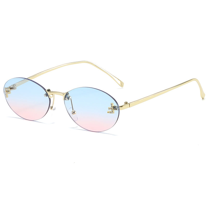 Diamond F Rimless Oval Sunglasses Luxury Metal Frame Shades