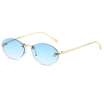 Diamond F Rimless Oval Sunglasses Luxury Metal Frame Shades