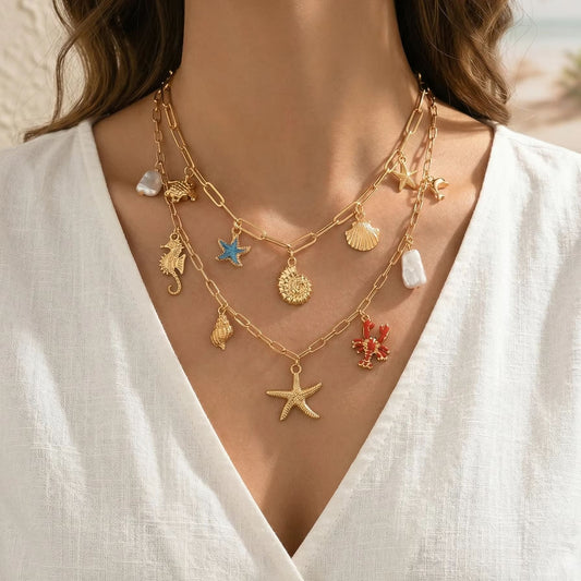 Ocean Charm Layered Boho Necklace Set with Starfish Shell Necklace & Faux Pearl Beach Jewelry