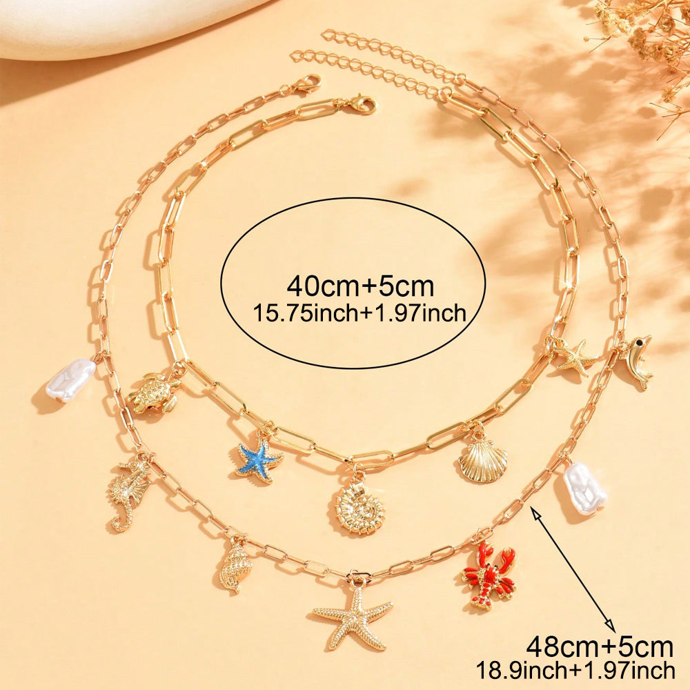 Ocean Charm Layered Boho Necklace Set with Starfish Shell Necklace & Faux Pearl Beach Jewelry