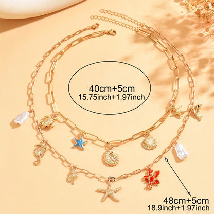 Ocean Charm Layered Boho Necklace Set with Starfish Shell Necklace & Faux Pearl Beach Jewelry
