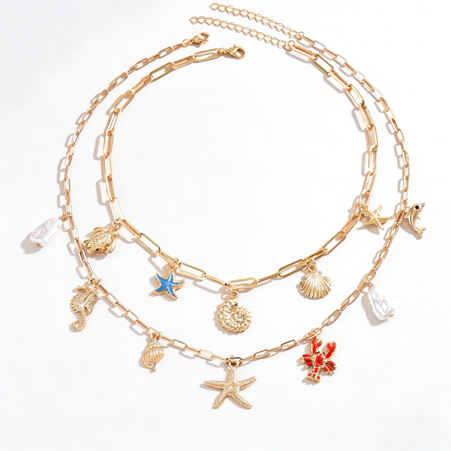 Ocean Charm Layered Boho Necklace Set with Starfish Shell Necklace & Faux Pearl Beach Jewelry