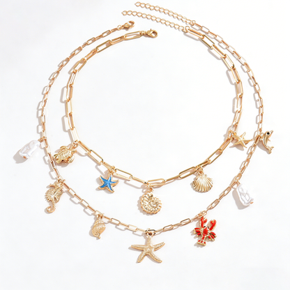 Ocean Charm Layered Boho Necklace Set with Starfish Shell Necklace & Faux Pearl Beach Jewelry