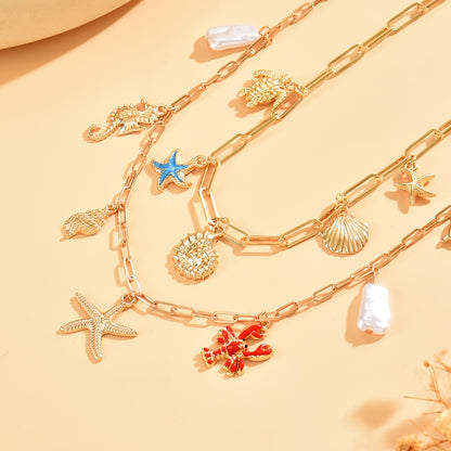 Ocean Charm Layered Boho Necklace Set with Starfish Shell Necklace & Faux Pearl Beach Jewelry