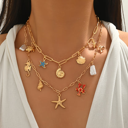 Ocean Charm Layered Boho Necklace Set with Starfish Shell Necklace & Faux Pearl Beach Jewelry