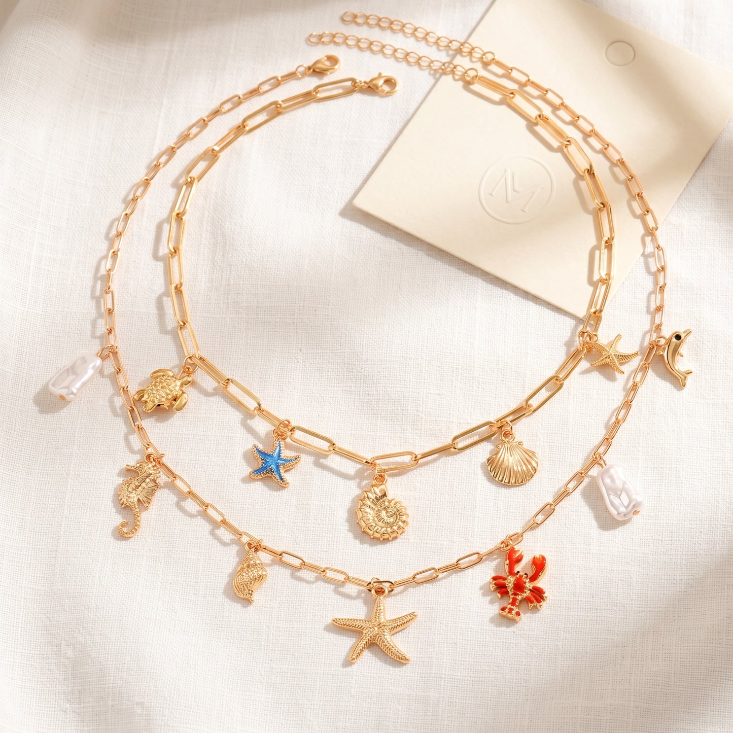 Ocean Charm Layered Boho Necklace Set with Starfish Shell Necklace & Faux Pearl Beach Jewelry