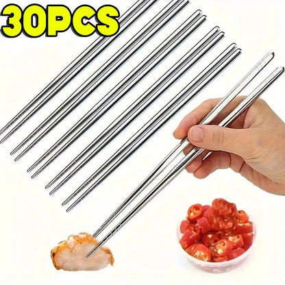 30-Piece Stainless Steel Chopsticks Set – 15 Pairs of Reusable Round Metal Cutlery for Japanese Sushi