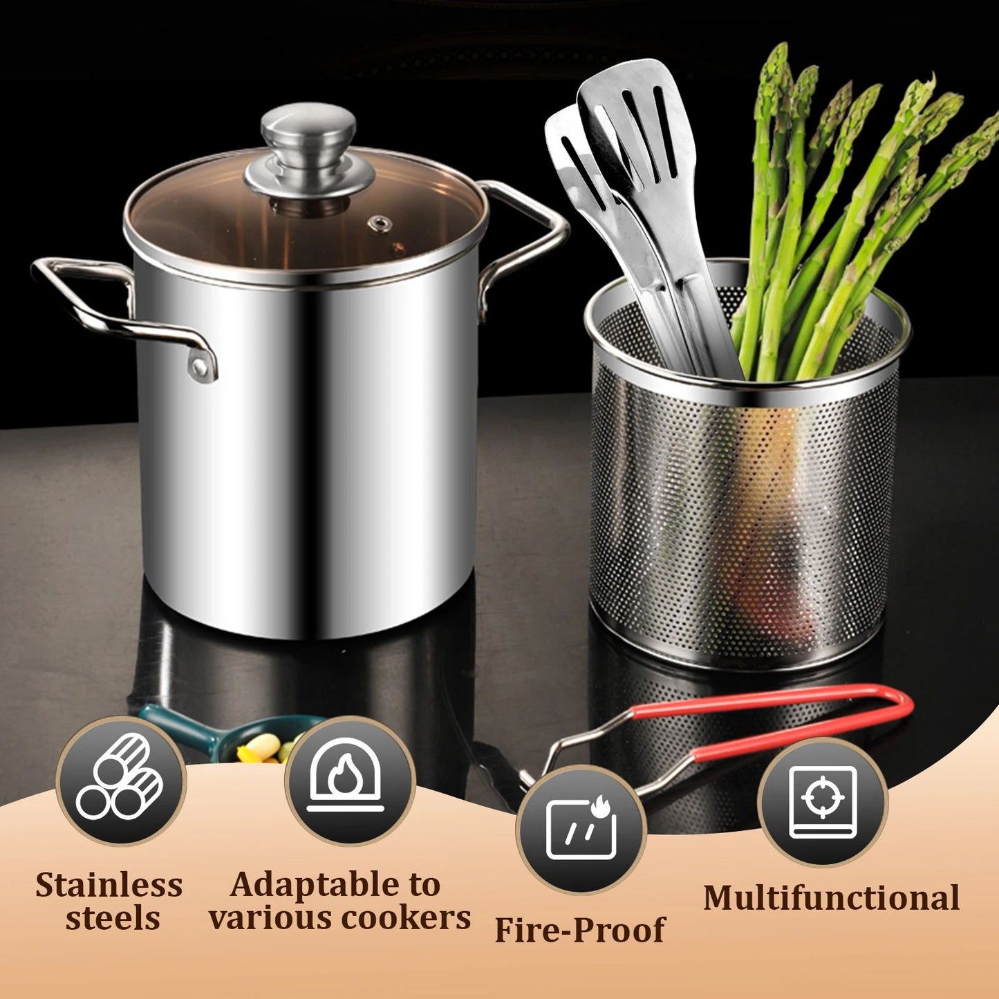 3.2 Quart Stainless Steel Deep Fryer Pot with Basket and Lid 304 Frying Pot with Basket