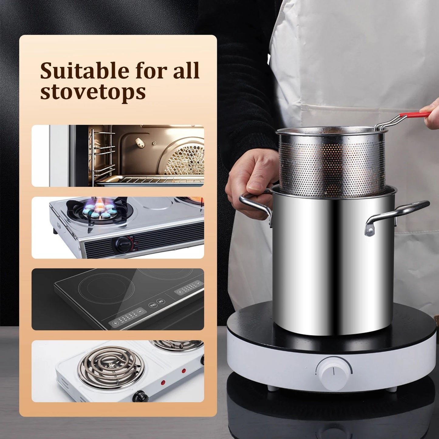 3.2 Quart Stainless Steel Deep Fryer Pot with Basket and Lid 304 Frying Pot with Basket