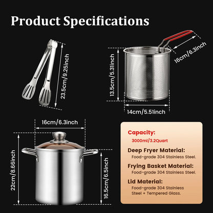 3.2 Quart Stainless Steel Deep Fryer Pot with Basket and Lid 304 Frying Pot with Basket