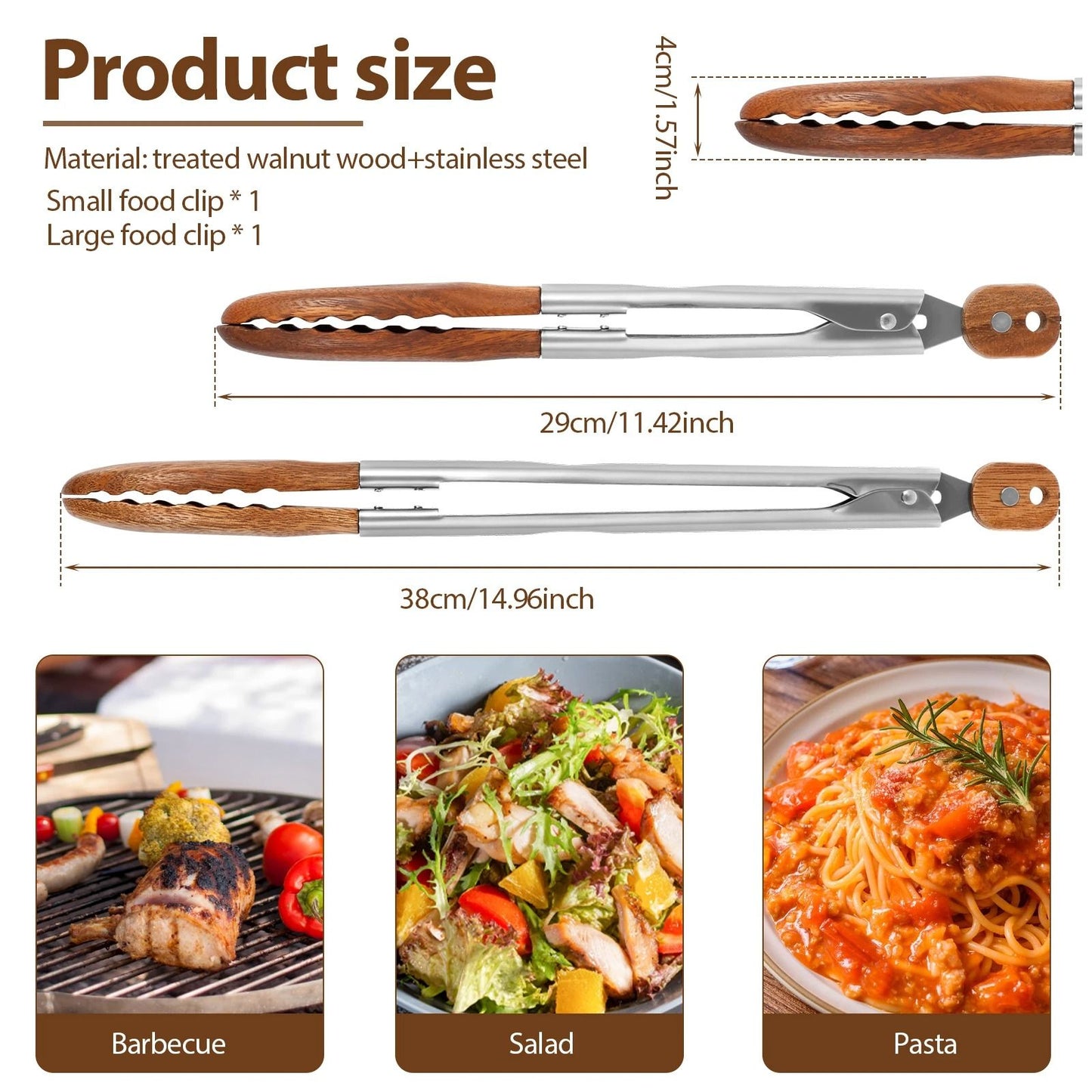2 Piece Rustproof Wood Food Tongs for Cooking and Serving