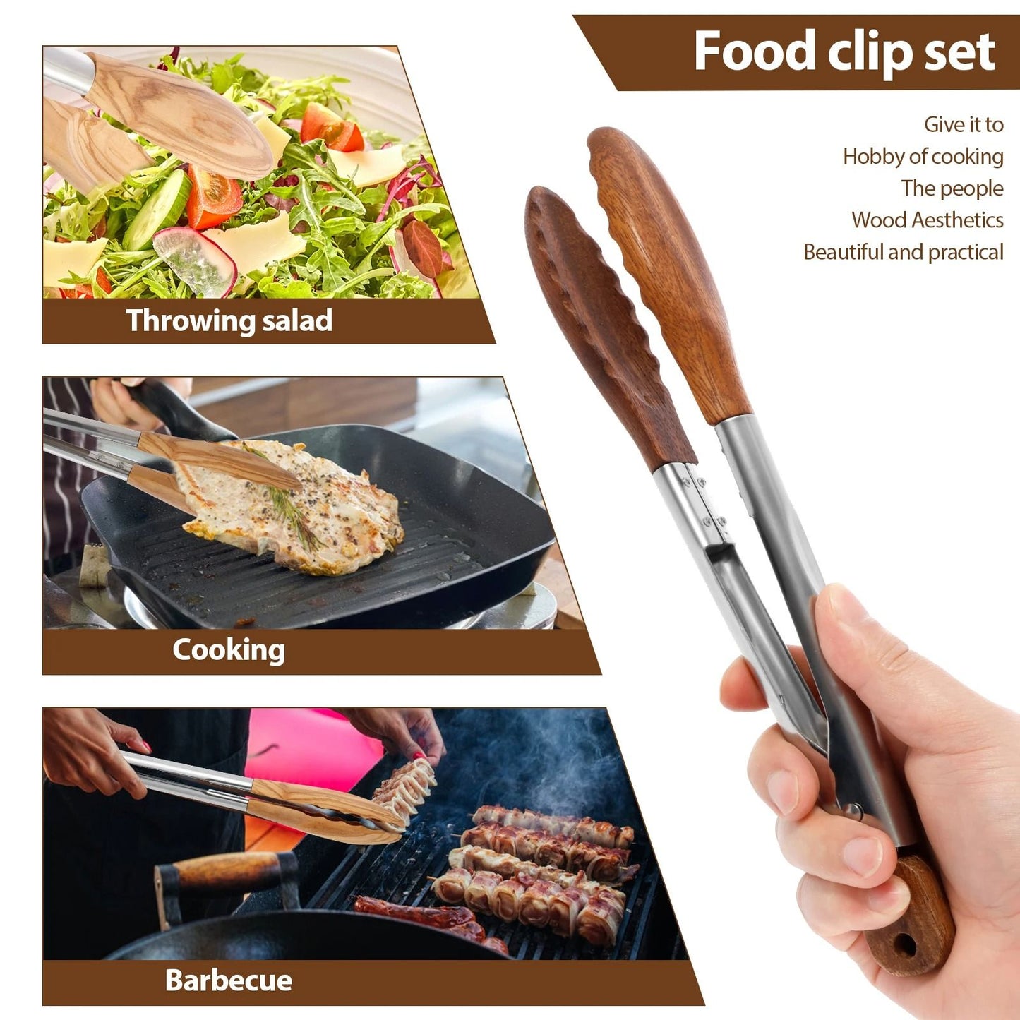 2 Piece Rustproof Wood Food Tongs for Cooking and Serving