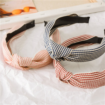 Vintage Striped Headband with Knotted Bow Toothed Hair Hoop for Women & Girls