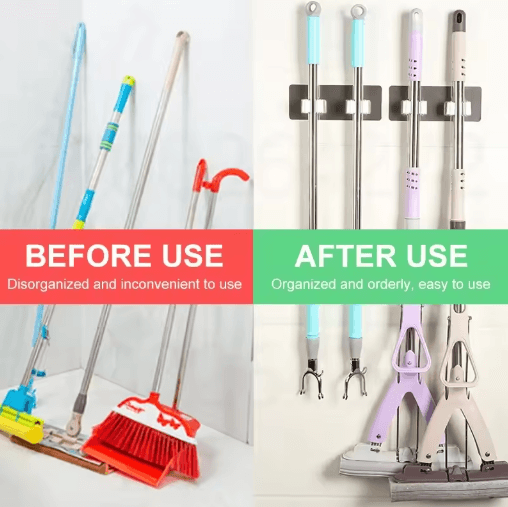 Adhesive Wall Mounted Mop Holder – Multi-Purpose Broom Organizer & Utility Hook Rack