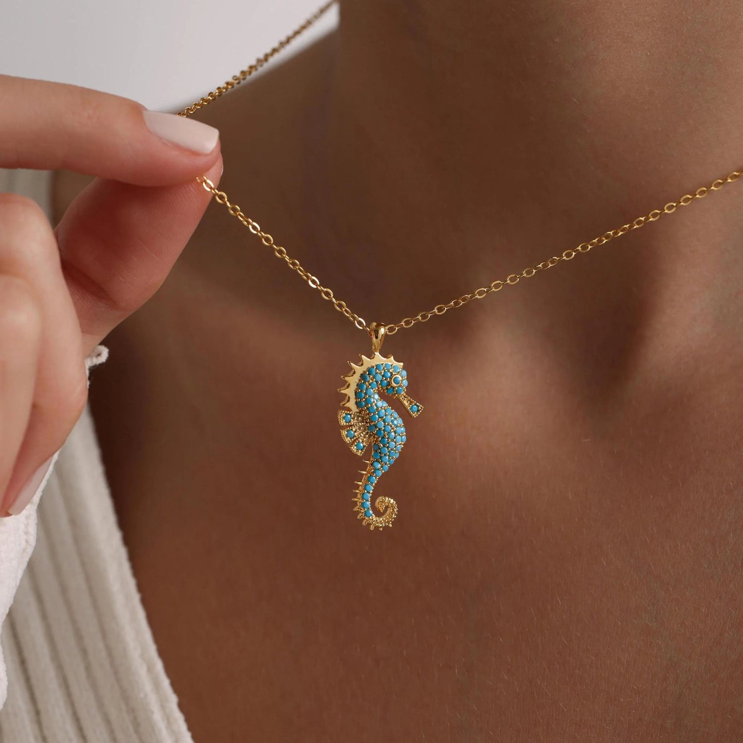 Ocean Charm Stainless Steel Seahorse Necklace with Turquoise Beads for Women
