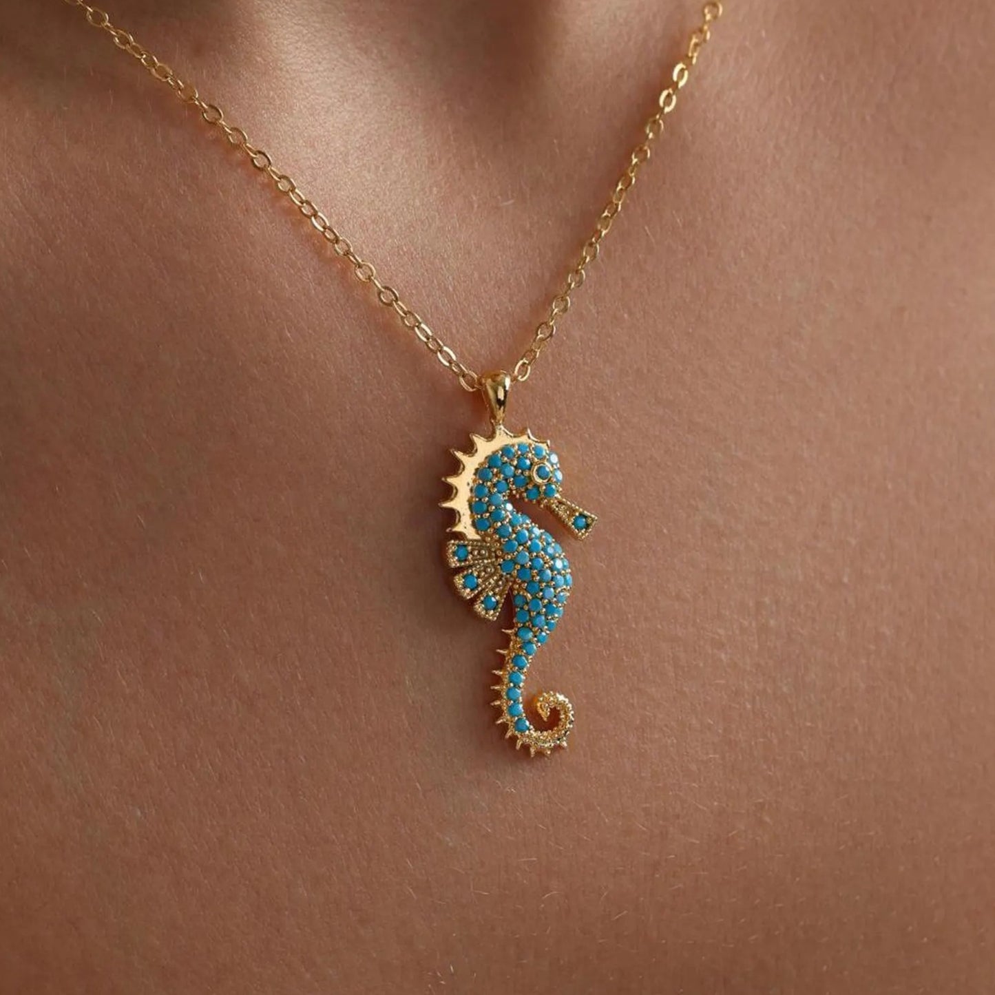 Ocean Charm Stainless Steel Seahorse Necklace with Turquoise Beads for Women