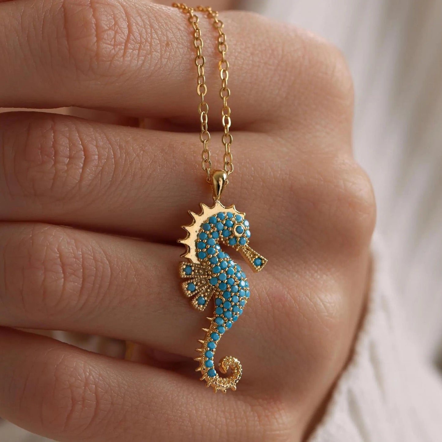 Ocean Charm Stainless Steel Seahorse Necklace with Turquoise Beads for Women