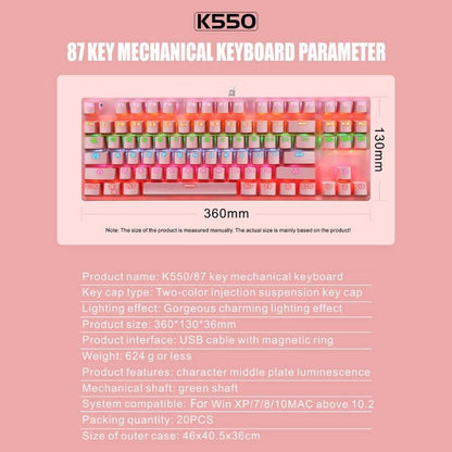 LEAVEN K550 Mechanical Keyboard 87 Key Gaming Keyboard with Green Switches USB Wired RGB Backlit
