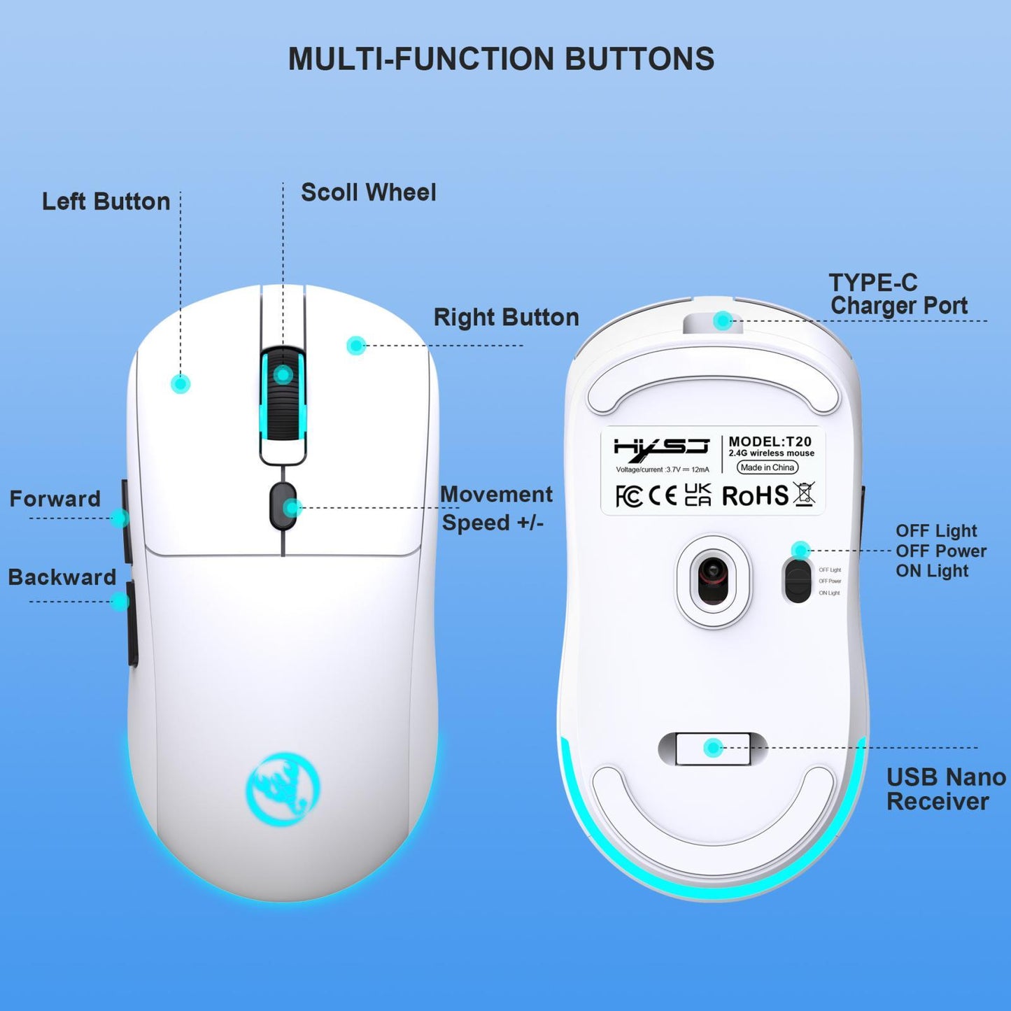 HXSJ T20 Rechargeable Wireless Mouse with Adjustable DPI Ergonomic 2.4GHz USB Mouse