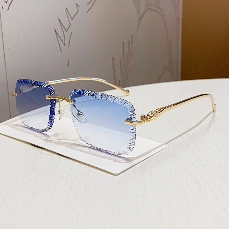 Luxury Rimless Sunglasses with Leopard Temples Vintage Designer Fashion Shades for Women & Men