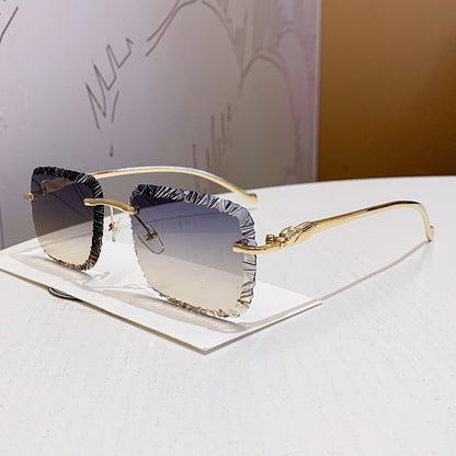 Luxury Rimless Sunglasses with Leopard Temples Vintage Designer Fashion Shades for Women & Men