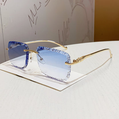 Luxury Rimless Sunglasses with Leopard Temples Vintage Designer Fashion Shades for Women & Men