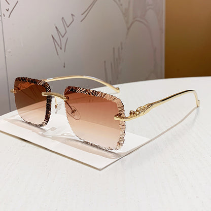 Luxury Rimless Sunglasses with Leopard Temples Vintage Designer Fashion Shades for Women & Men
