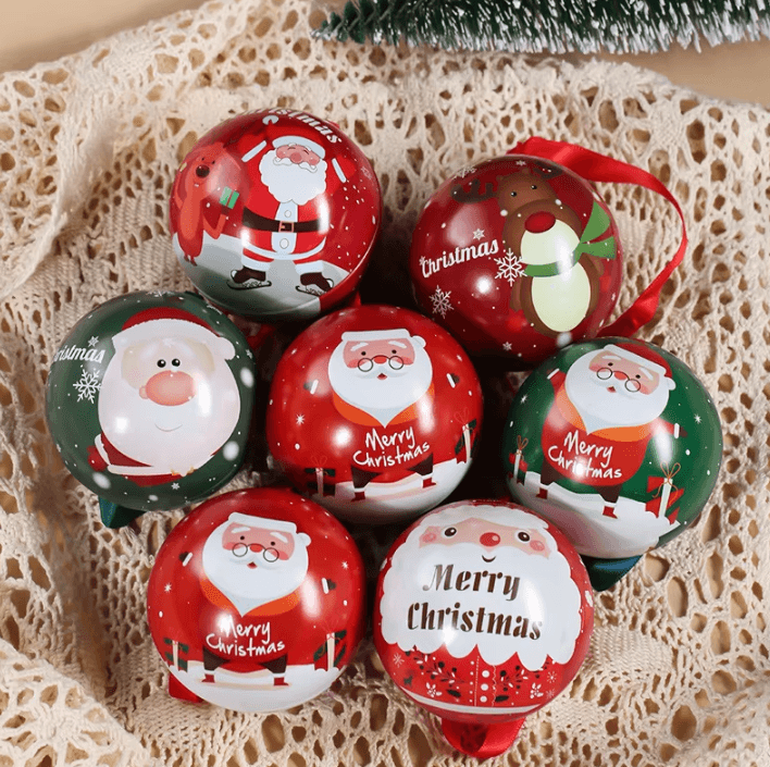 Christmas Ball Candy Gift Boxes Hanging Ornament Tin Storage Containers Set of 10