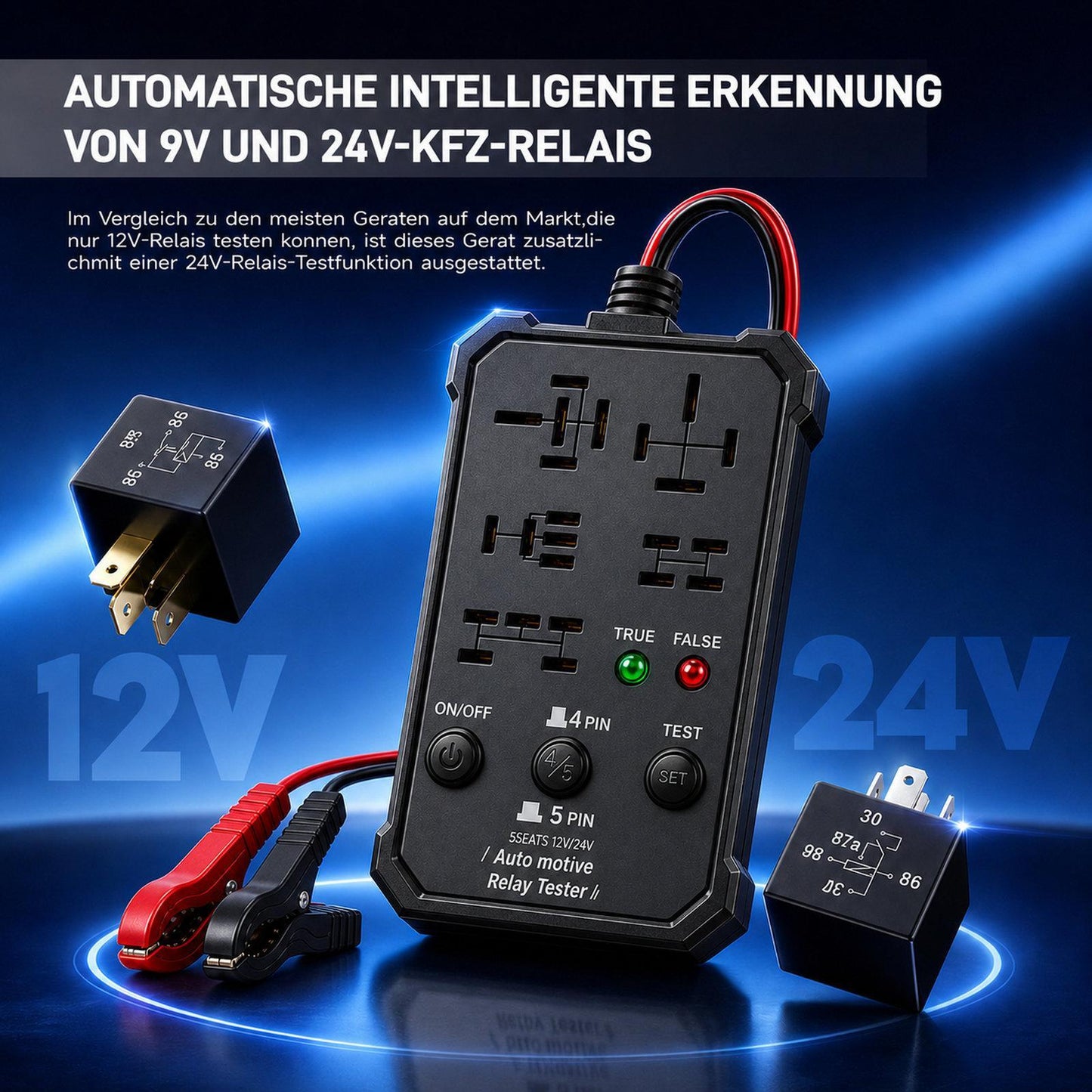 Universal Automotive Relay Tester 12V 24V Auto Relay Diagnostic Tool for 4 Pin 5 Pin Relays