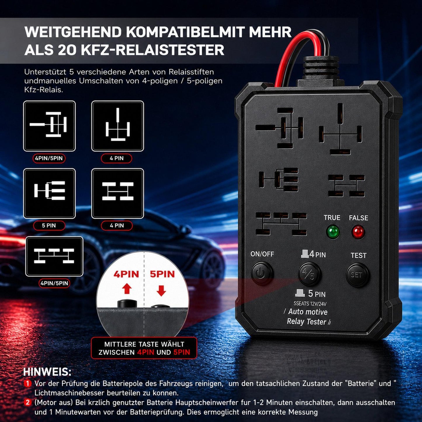 Universal Automotive Relay Tester 12V 24V Auto Relay Diagnostic Tool for 4 Pin 5 Pin Relays