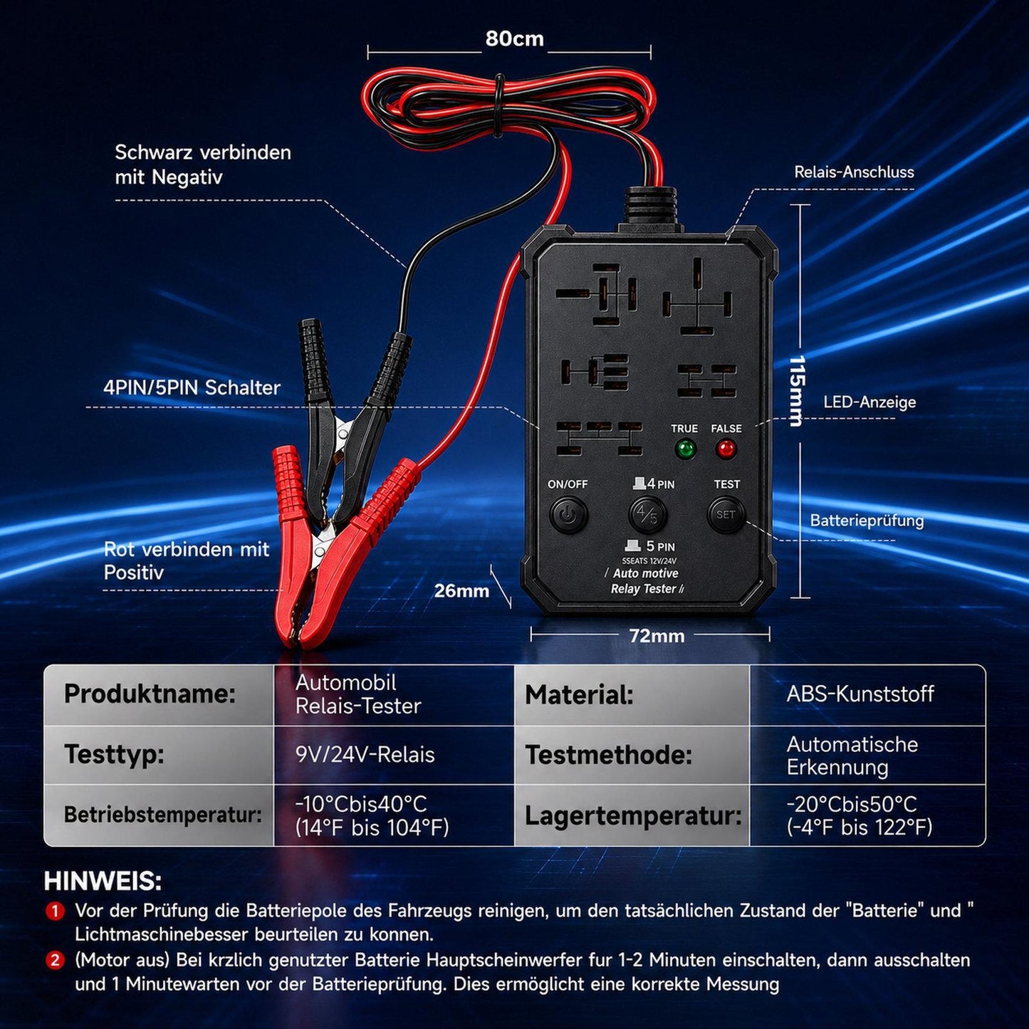 Universal Automotive Relay Tester 12V 24V Auto Relay Diagnostic Tool for 4 Pin 5 Pin Relays