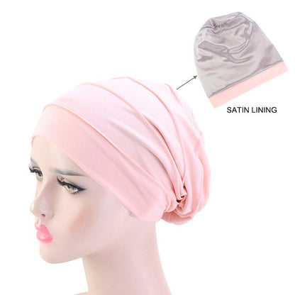 Soft Satin Lined Chemo Beanie Cotton Turban Hat for Women Stretch Hijab Cap