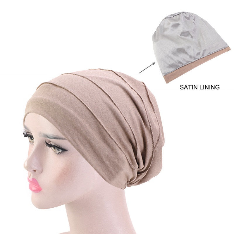 Soft Satin Lined Chemo Beanie Cotton Turban Hat for Women Stretch Hijab Cap