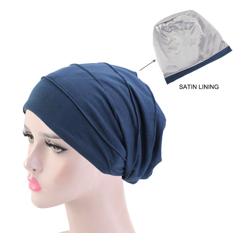 Soft Satin Lined Chemo Beanie Cotton Turban Hat for Women Stretch Hijab Cap